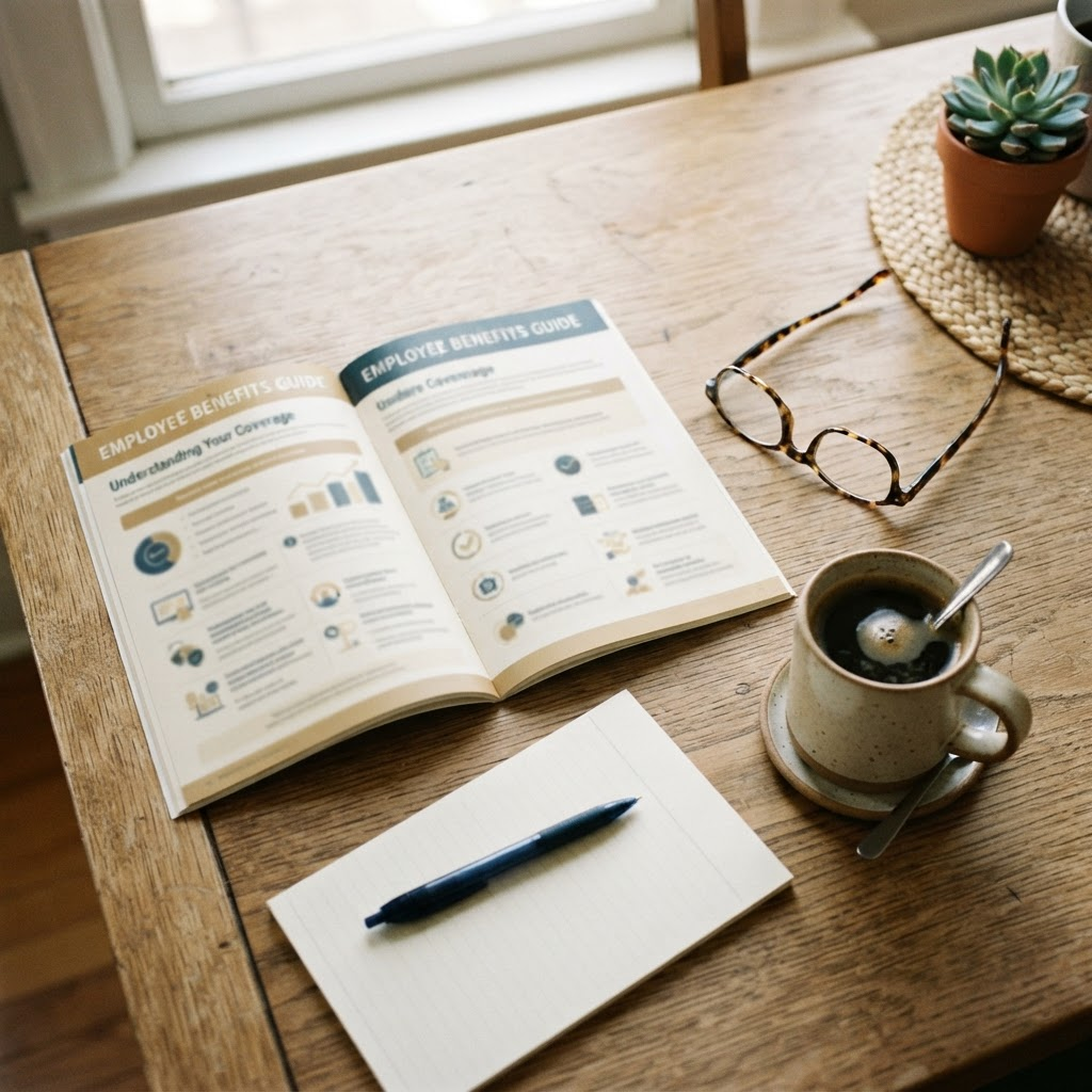 A ServicePlus benefits booklet open on a kitchen table