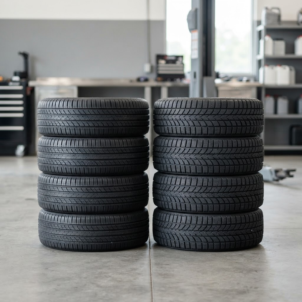 Stacks of winter and all-season tires in a service bay